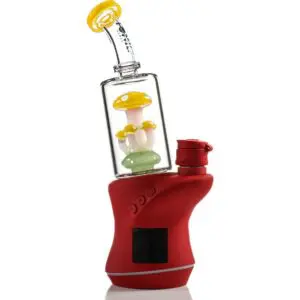 Red and glass smoking device with mushrooms.