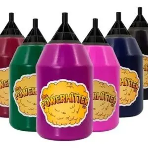 Colorful Power Hitter bottles in a row.