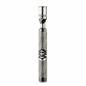Silver metallic tool on a black background.