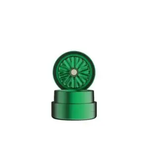Green metallic grinder with open top view.
