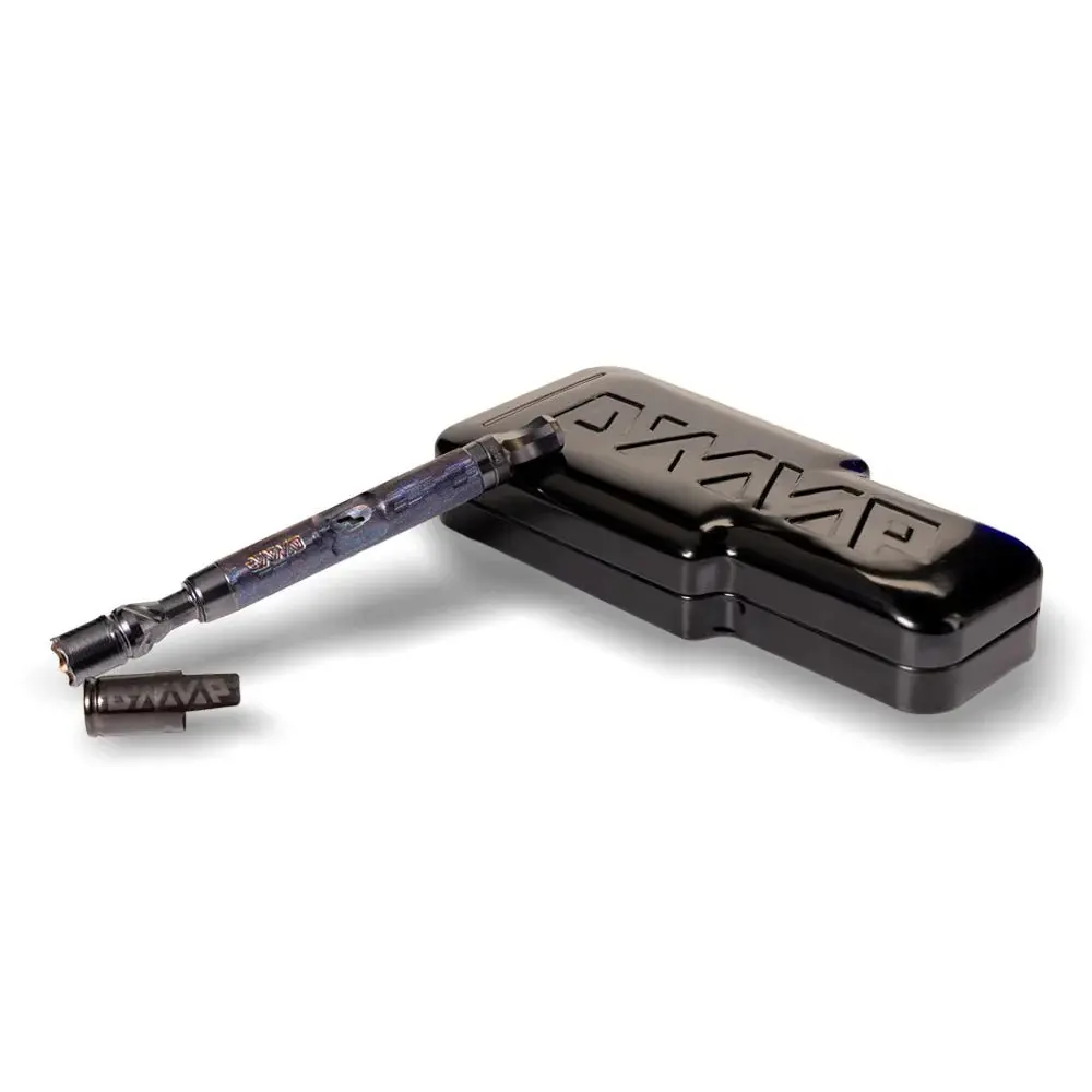 DynaVap M7 XL angled Stealth Series March 2026 leaning on its metal box on its side