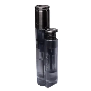 A transparent black plastic lighter with a visible fuel chamber.