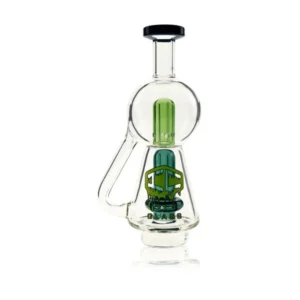 A clear glass bong with green percolator and intricate design.