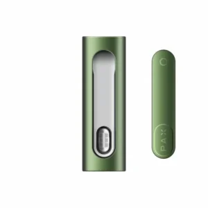 Green portable device with a transparent section and button.