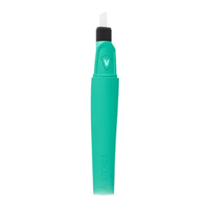 A teal-colored vape pen with a mouthpiece and a sleek design.
